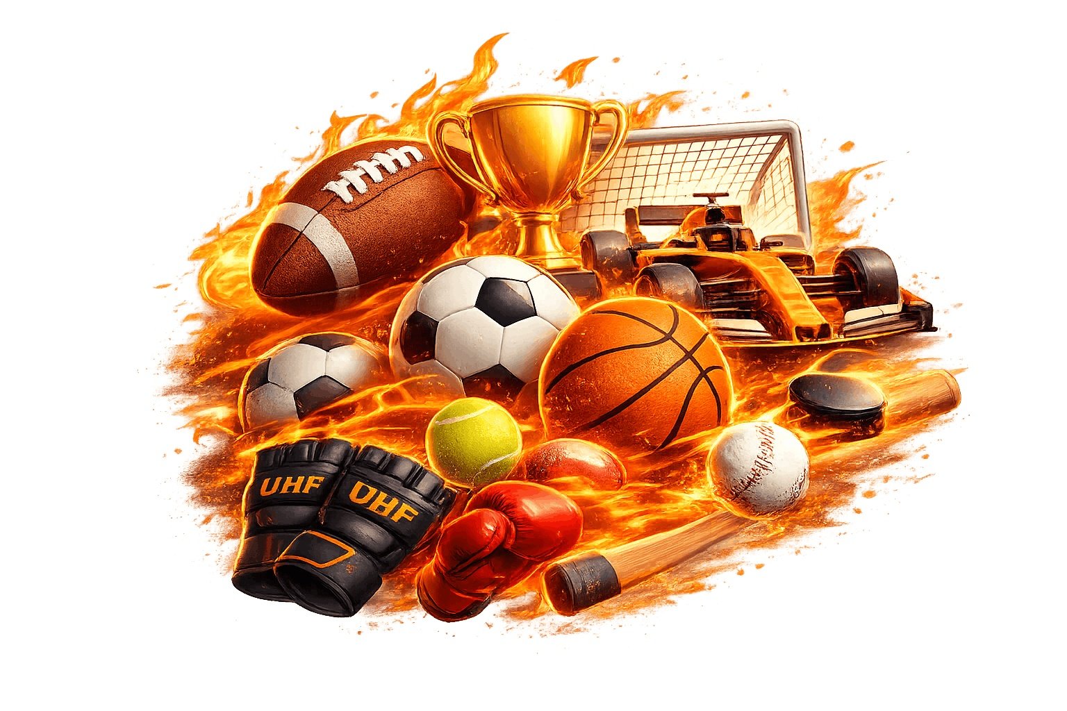 UHF IPTV live sports streaming in 4K showing NFL football, NBA basketball, Champions League soccer, and Formula 1