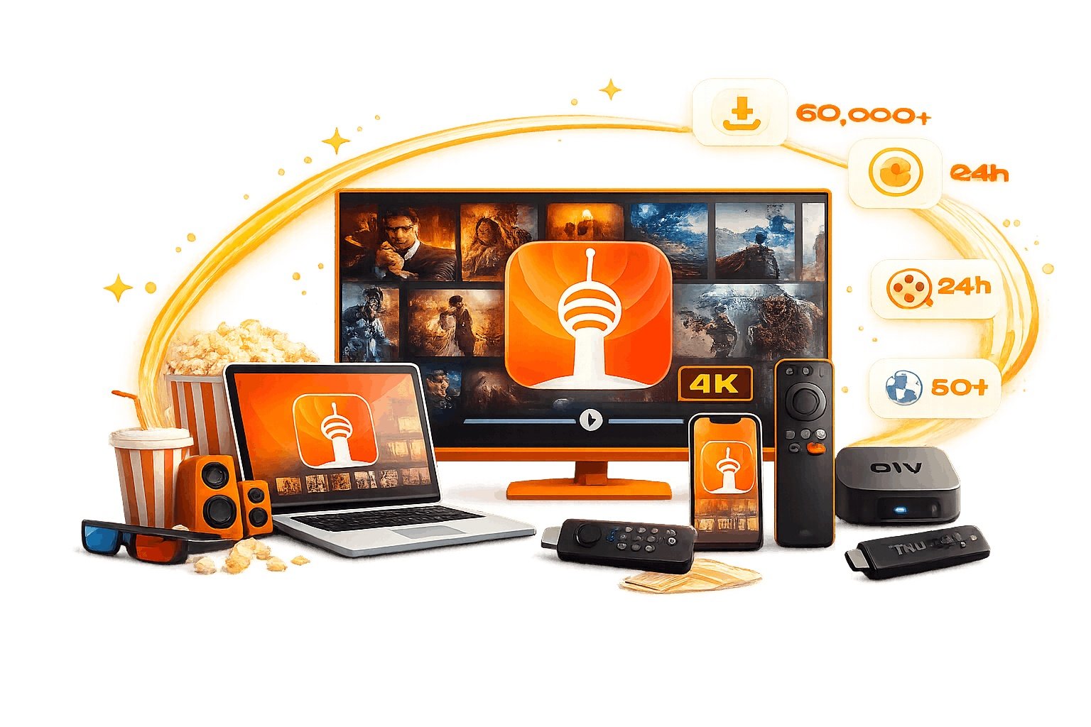 UHF IPTV working on multiple devices including Smart TV, Firestick, Android phone, iPhone, Apple TV, and laptop